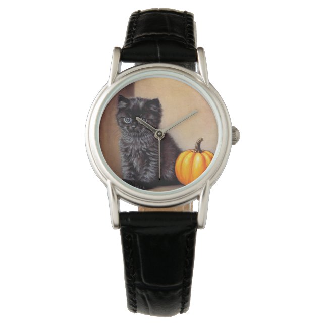Vintage Halloween Black Kitten Illustration Watch (Front)