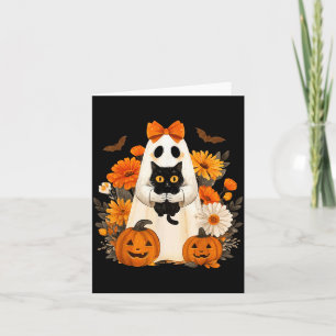 Vintage Halloween Bow Ghost Holding Black Cat Card