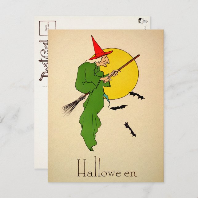 Vintage Halloween Broom Witch Postcard (Front/Back)