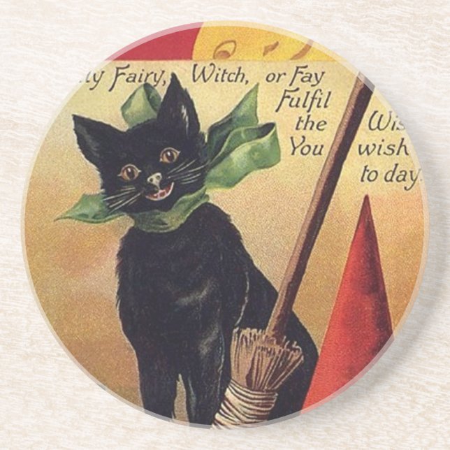 Vintage Halloween by Ellen Clapsaddle, Black Cat Coaster (Front)