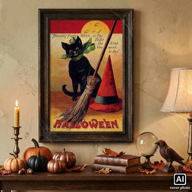 Vintage Halloween by Ellen Clapsaddle, Black Cat Poster (Vintage illustration Halloween design featuring a black cat with a witch's hat and broomstick.)