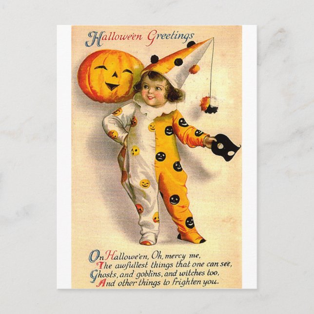Vintage Halloween Card Costumed Girl and Pumpkin (Front)