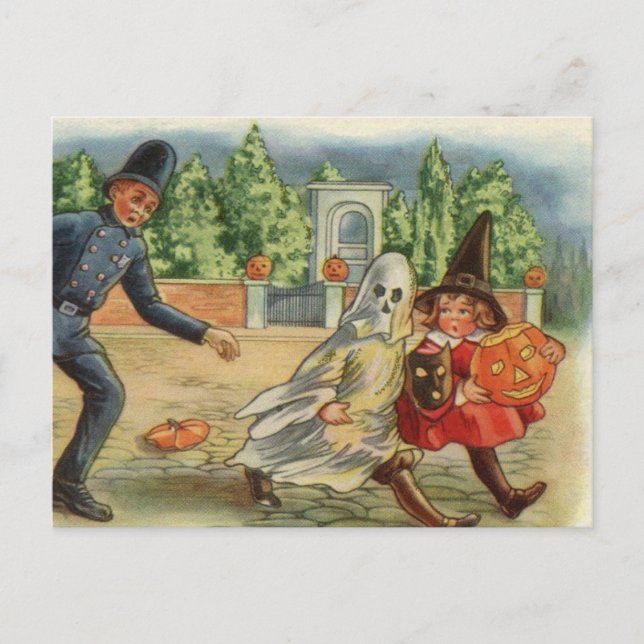 Vintage Halloween Card - Policeman & Chidren (Front)