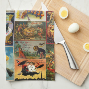 Vintage Halloween Cards Collage Tea Towel