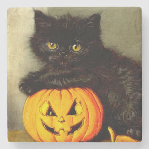 Vintage Halloween Cat and Jack-o’-lantern Stone Coaster