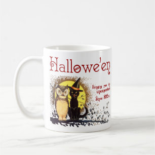 Vintage Halloween Cat and Owl Coffee Mug