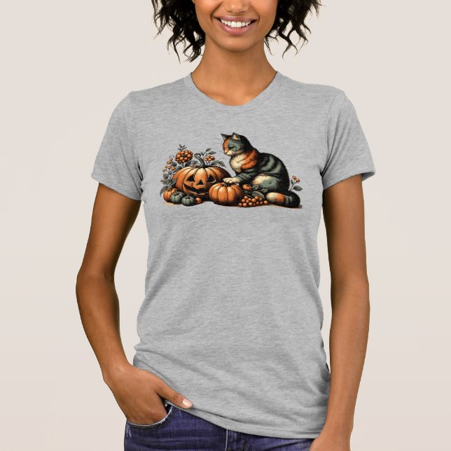 Vintage Halloween Cat and Pumpkin T-Shirt (Front)