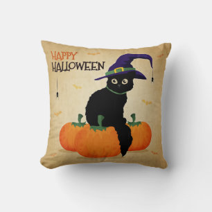 Vintage Halloween Cat and Pumpkins Throw Pillow