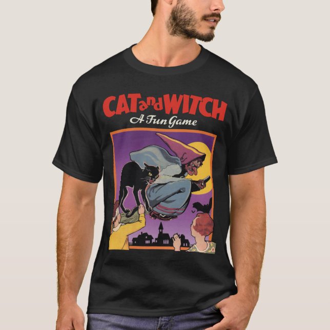 Vintage Halloween Cat and Witch Game Shirt (Front)