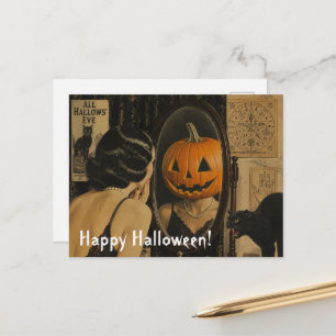 Vintage Halloween Cat and Woman with Jackolantern Postcard