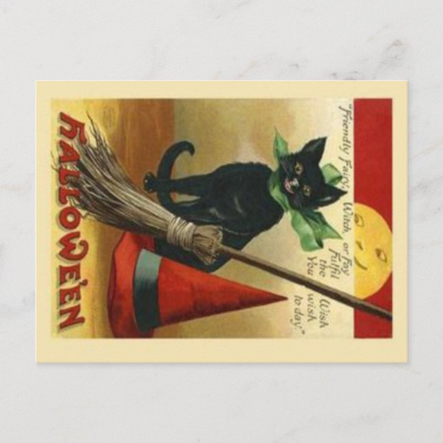 Vintage Halloween Cat & Broom Postcard (Front)
