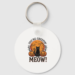 Vintage Halloween Cat Creepin Meow Engraving_1 Key Ring