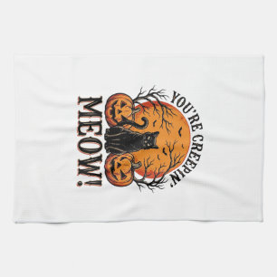Vintage Halloween Cat Creepin Meow Engraving_1 Tea Towel