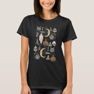 Vintage Halloween cat Ghost Skull Moon and Witch H T-Shirt