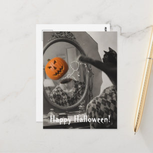 Vintage Halloween Cat Knocks Jackolantern Head off Postcard