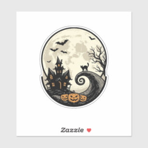 Vintage Halloween Cat Moon Haunted House Vector De