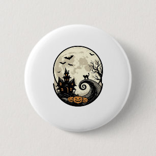 Vintage Halloween Cat Moon Haunted House Vector De 6 Cm Round Badge