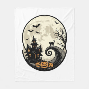 Vintage Halloween Cat Moon Haunted House Vector De Fleece Blanket