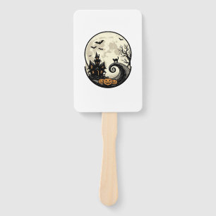 Vintage Halloween Cat Moon Haunted House Vector De Hand Fan