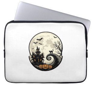 Vintage Halloween Cat Moon Haunted House Vector De Laptop Sleeve