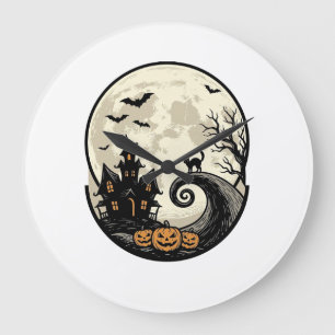 Vintage Halloween Cat Moon Haunted House Vector De Large Clock