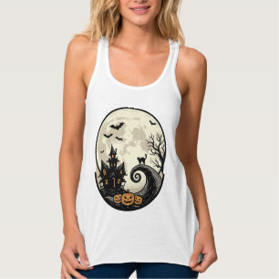 Vintage Halloween Cat Moon Haunted House Vector De Singlet