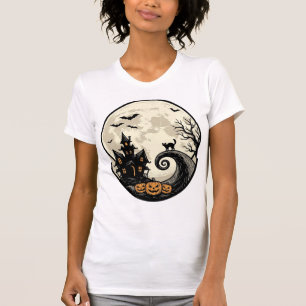 Vintage Halloween Cat Moon Haunted House Vector De T-Shirt
