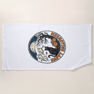 Vintage Halloween Cat Moonlit Ghost Badge_1 Beach Towel