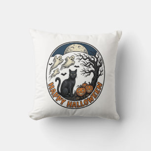 Vintage Halloween Cat Moonlit Ghost Badge_1 Cushion