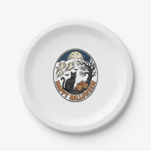 Vintage Halloween Cat Moonlit Ghost Badge_1 Paper Plate