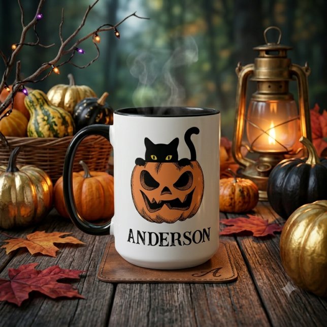 Vintage Halloween Cat Peek Custom Name Mug (Creator Uploaded)