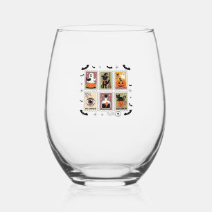 Vintage Halloween Cat Postage Stamp Collection T-s Stemless Wine Glass