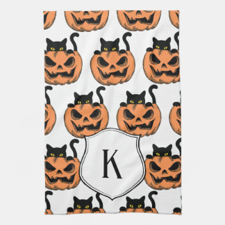 Vintage Halloween Cat Spooky Pattern Personalised Tea Towel