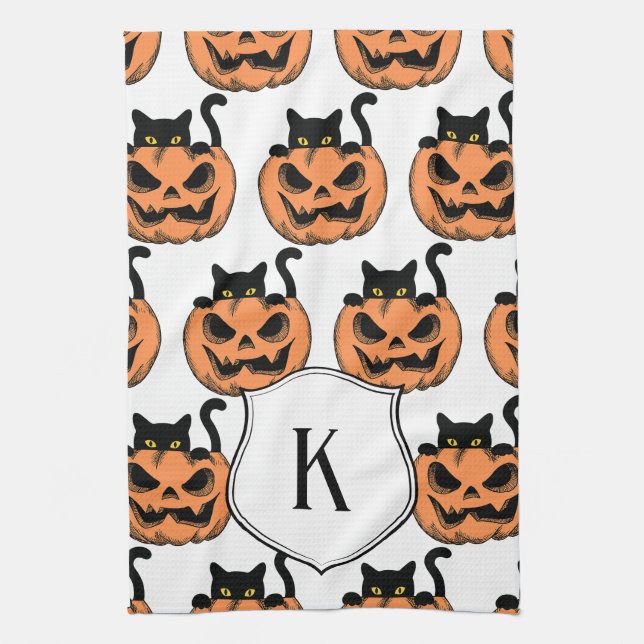Vintage Halloween Cat Spooky Pattern Personalised Tea Towel (Vertical)