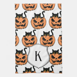 Vintage Halloween Cat Spooky Pattern Personalized Tea Towel