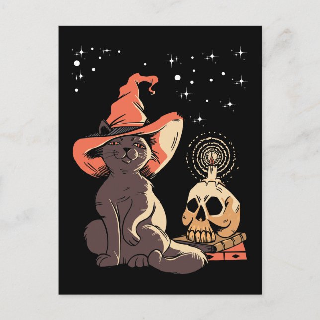 Vintage Halloween Cat Witchy Skull Postcard (Front)