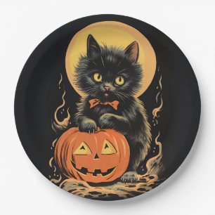 Vintage Halloween Cat with Pumpkin Paper Plate