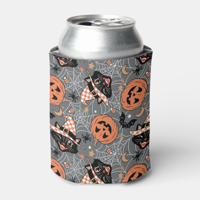 Vintage Halloween Cats and Pumpkins Pattern Can Cooler (Can Front)
