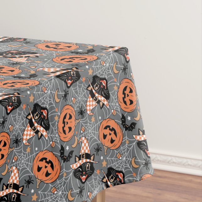 Vintage Halloween Cats and Pumpkins Pattern Tablecloth (In Situ)