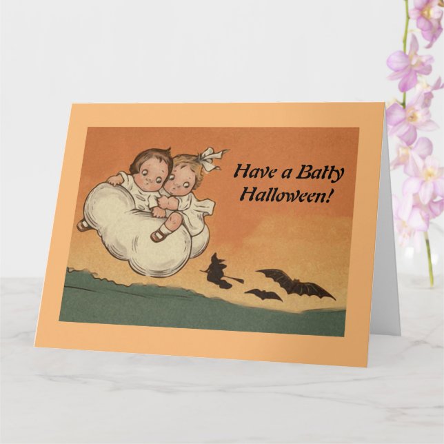 Vintage Halloween Children Flying Bats Chasing Card (Orchid)