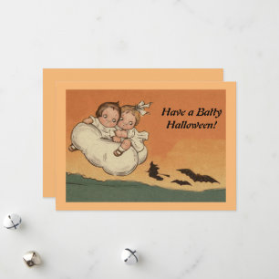 Vintage Halloween Children Flying Bats Chasing Holiday Card