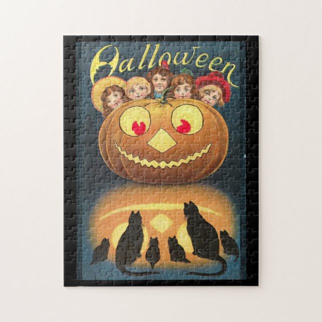 Vintage Halloween Children Hiding Behind Pumpkin Jigsaw Puzzle (Vertical)