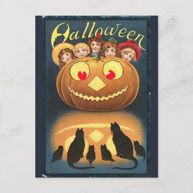 Vintage Halloween Children Hiding Behind Pumpkin Postcard (Front)