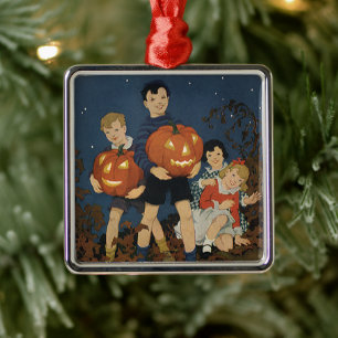 Vintage Halloween, Children holding Pumpkins Metal Tree Decoration