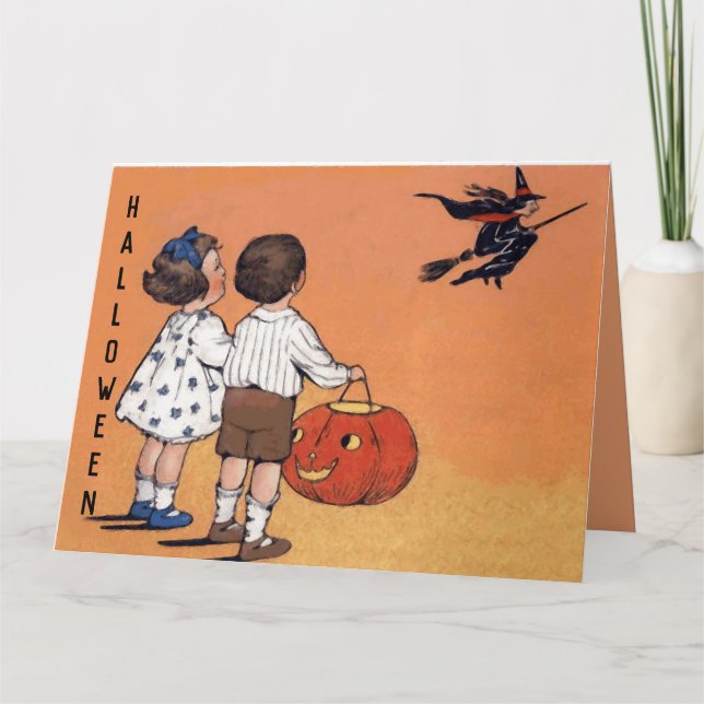 Vintage Halloween Children Witch Pumpkin Card (Front)