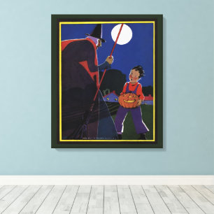 Vintage Halloween, Creepy Witch with Boy Canvas Print