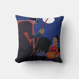 Vintage Halloween, Creepy Witch with Boy Cushion