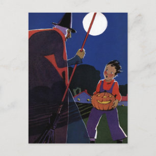 Vintage Halloween, Creepy Witch with Boy Postcard