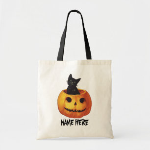 Vintage Halloween, Cute Black Cat in a Pumpkin Tote Bag