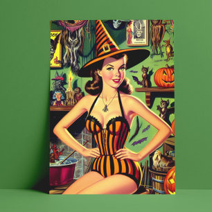 Vintage Halloween Cute Witch Pinup Postcard